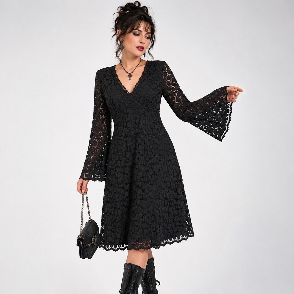 Cartise Lace Midi Dress Womens 8 Black Bell Sleeve Whimsigoth Witchy Goth V Neck